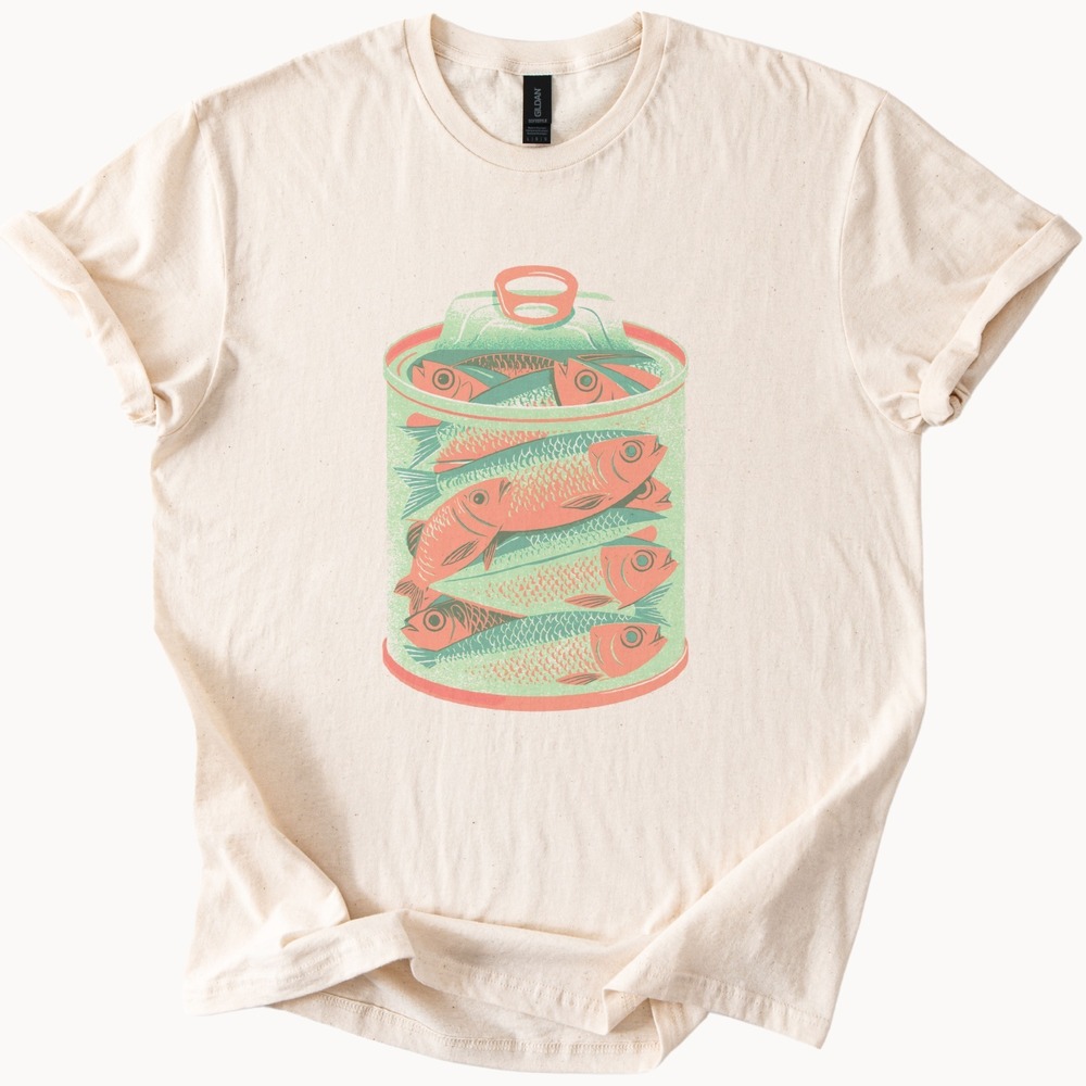 Linocut Style Sardines Vintage Style Retro Animal Tee - Picture 1 of 5